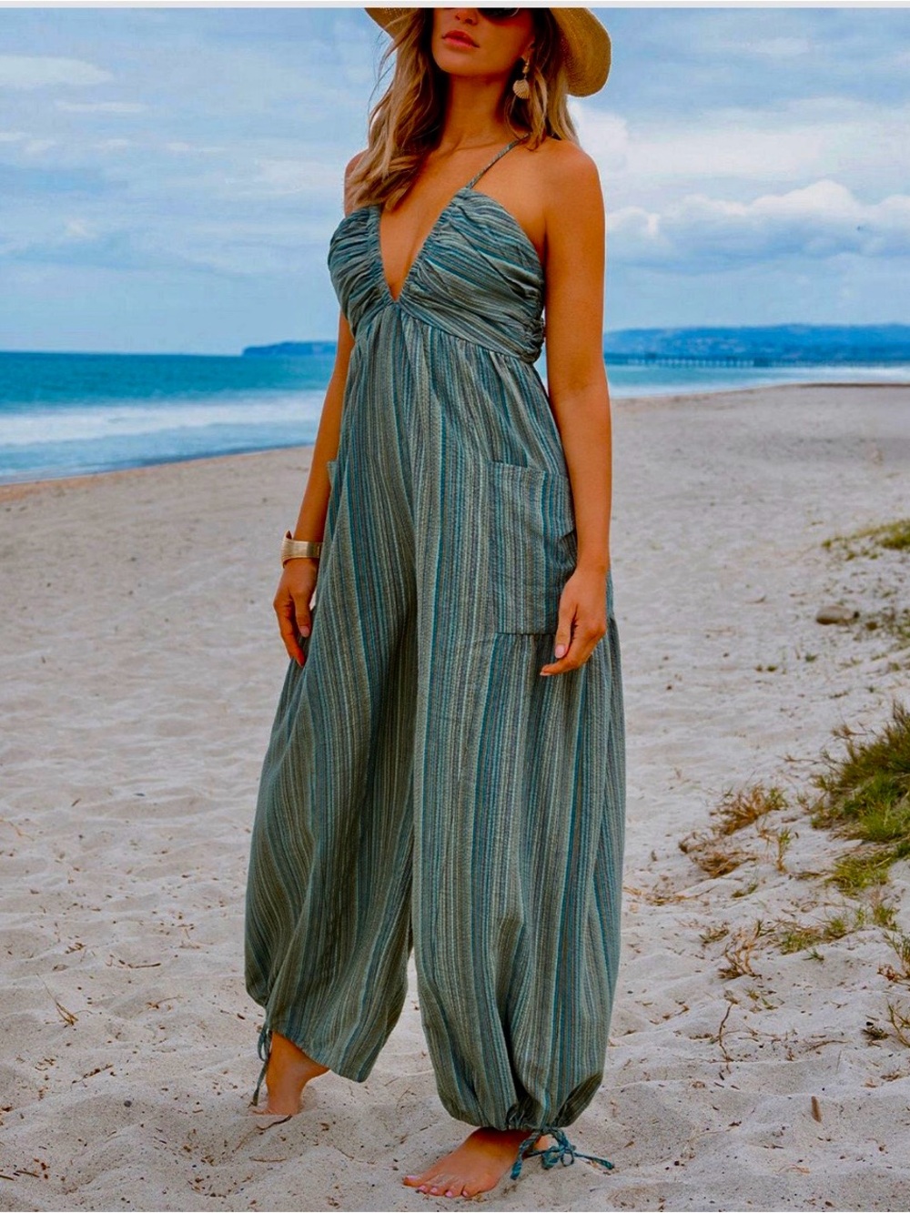 NWT Cupshe Teal Striped Halter Wide-Leg Jumpsuit